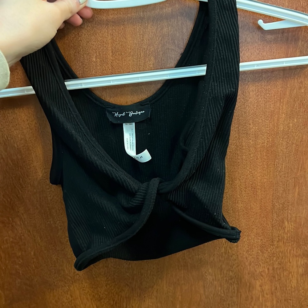 Hazel Boutique black ribbed bra top, cross front.